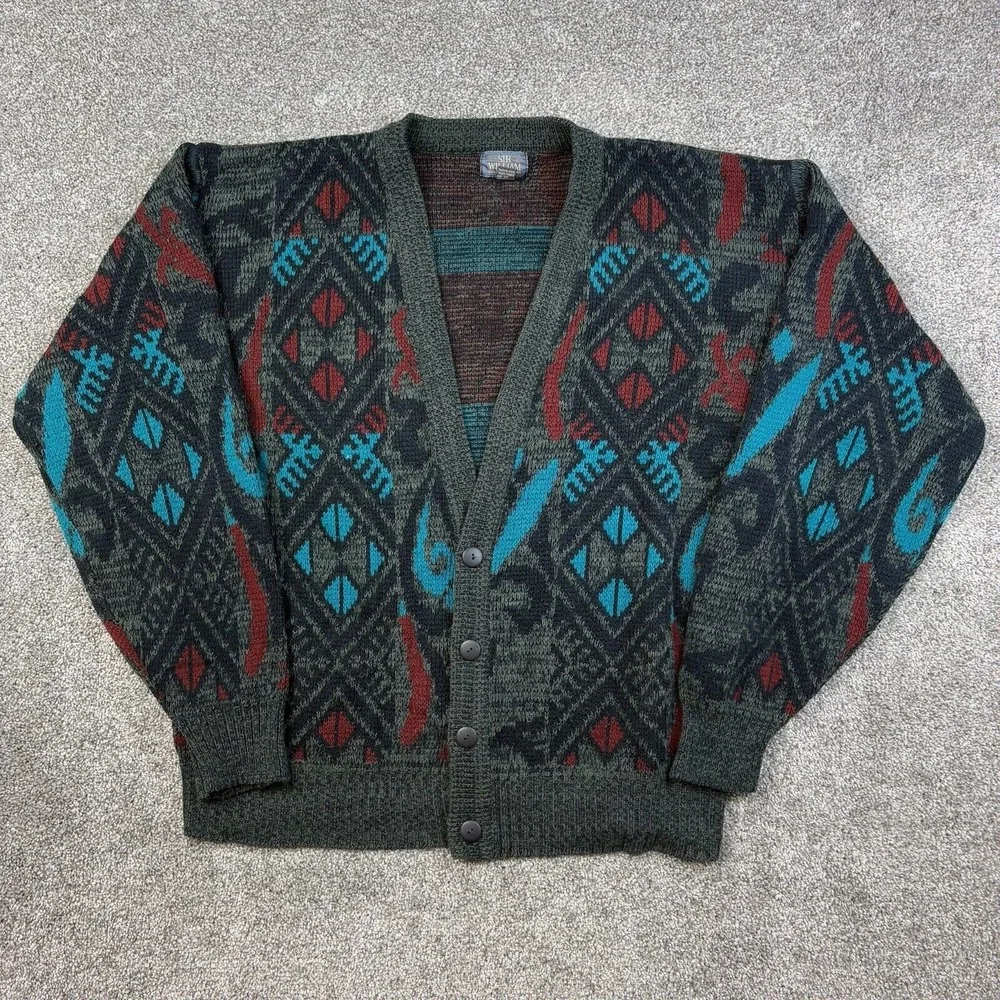 Vintage Sir William Cardigan Sweater Mens XL Tall Blue Geometric‎ Acrylic Knit